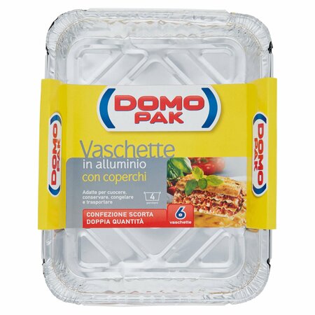 Domopak Vaschette in alluminio con coperchi 4 porzioni - Confezione scorta 6 vaschette (R75)