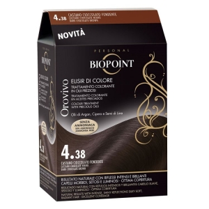 BIOPOINT Professional Orovivo Elisir di Colore Trattamento Colorante in Olii Preziosi di Argan Ginepro e Semi di Lino Senza Ammoniaca Colorazione 4.38 Castano Cioccolato