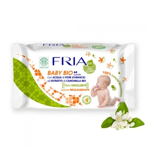 FRIA Baby Bio Salviette Umidificate con Acqua di Fiori d'Arancio ed Estratto di Camomilla Bio Effetto Emolliente Riequilibrante - 64pz