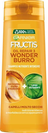GARNIER Fructis Shampoo Fortificante Oil Repair 3 Shampoo Burro per Capelli Molto Secchi Crespi Spenti- 250ml